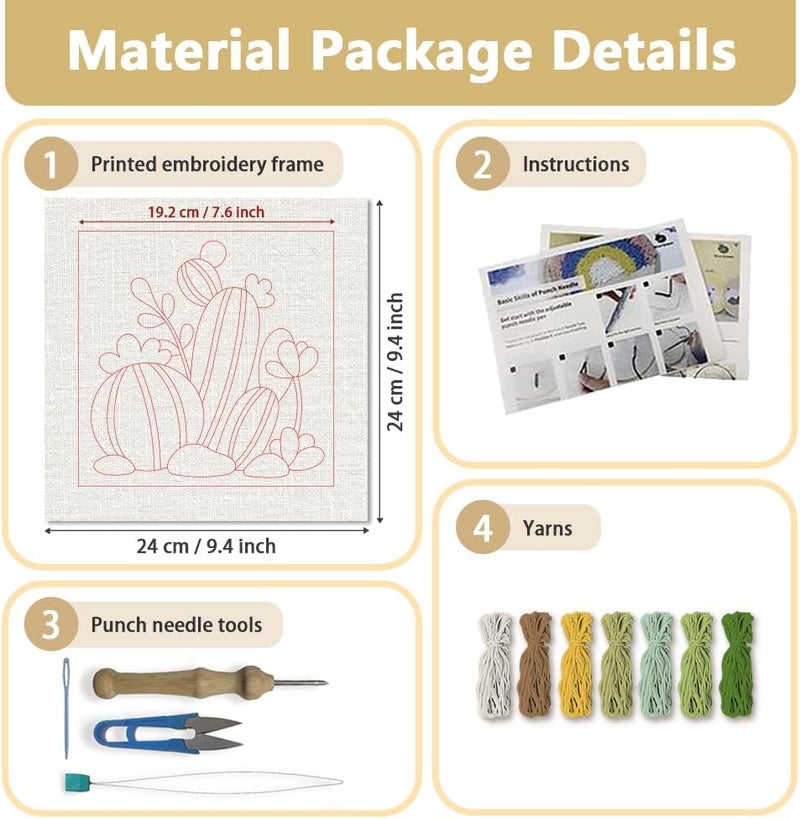 DOODLREAM Cartoon Cactus DIY Punch Needle Embroidery Kit for Adult Beginner, 9.4" Cactus Punch Stitching Craft Set for Starter with Frame, Fabric Pattern, Threader, Yarn, Pinch Needle - Image 2